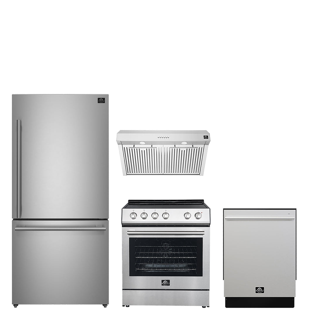 Forno Premium 4-piece kitchen bundle: range, under-cabinet hood, refrigerator and dishwasher