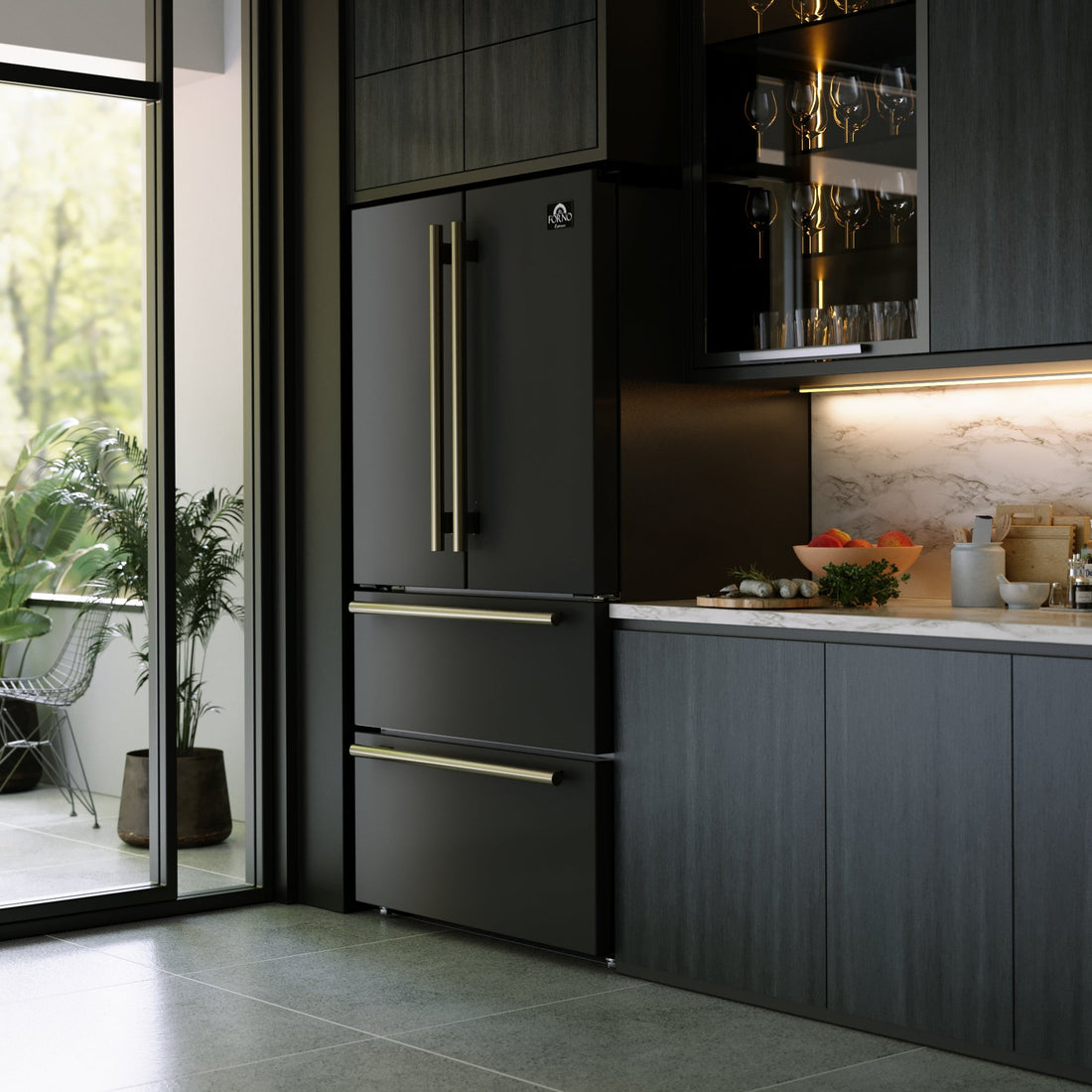 Forno Espresso Moena 36-inch French-door refrigerator in black in a kitchen