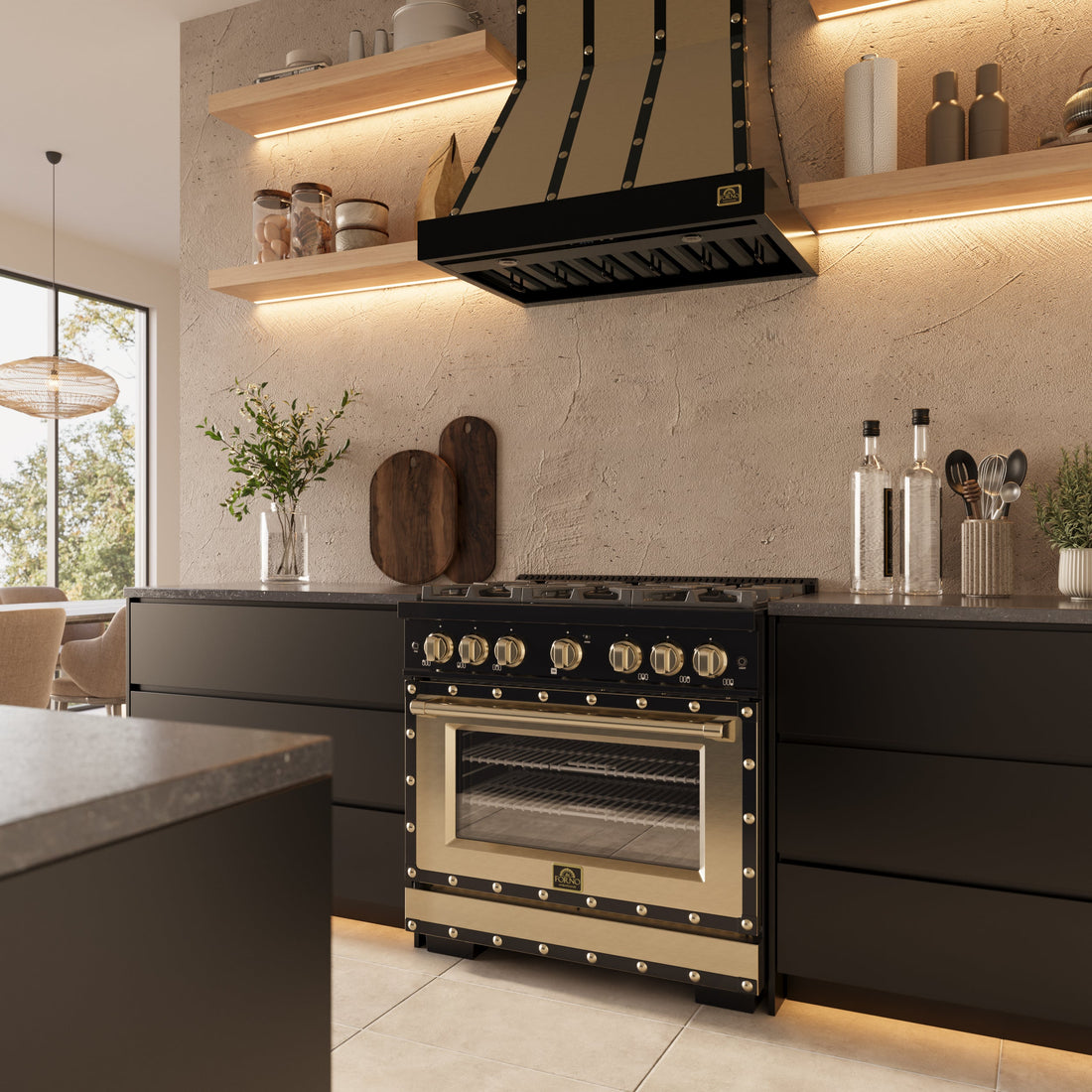 Forno Ambassador 36-inch gas range under the matching Ambassador wall-mount hood