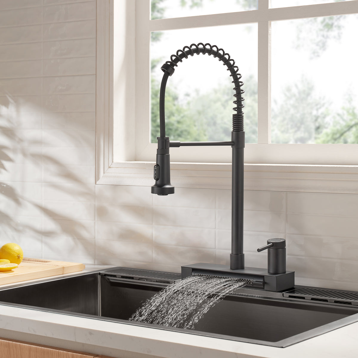 Forno 4 Function Chef Waterfall Stainless Steel Pull-Down Kitchen Faucet with Power Wash, Single Handle. Black