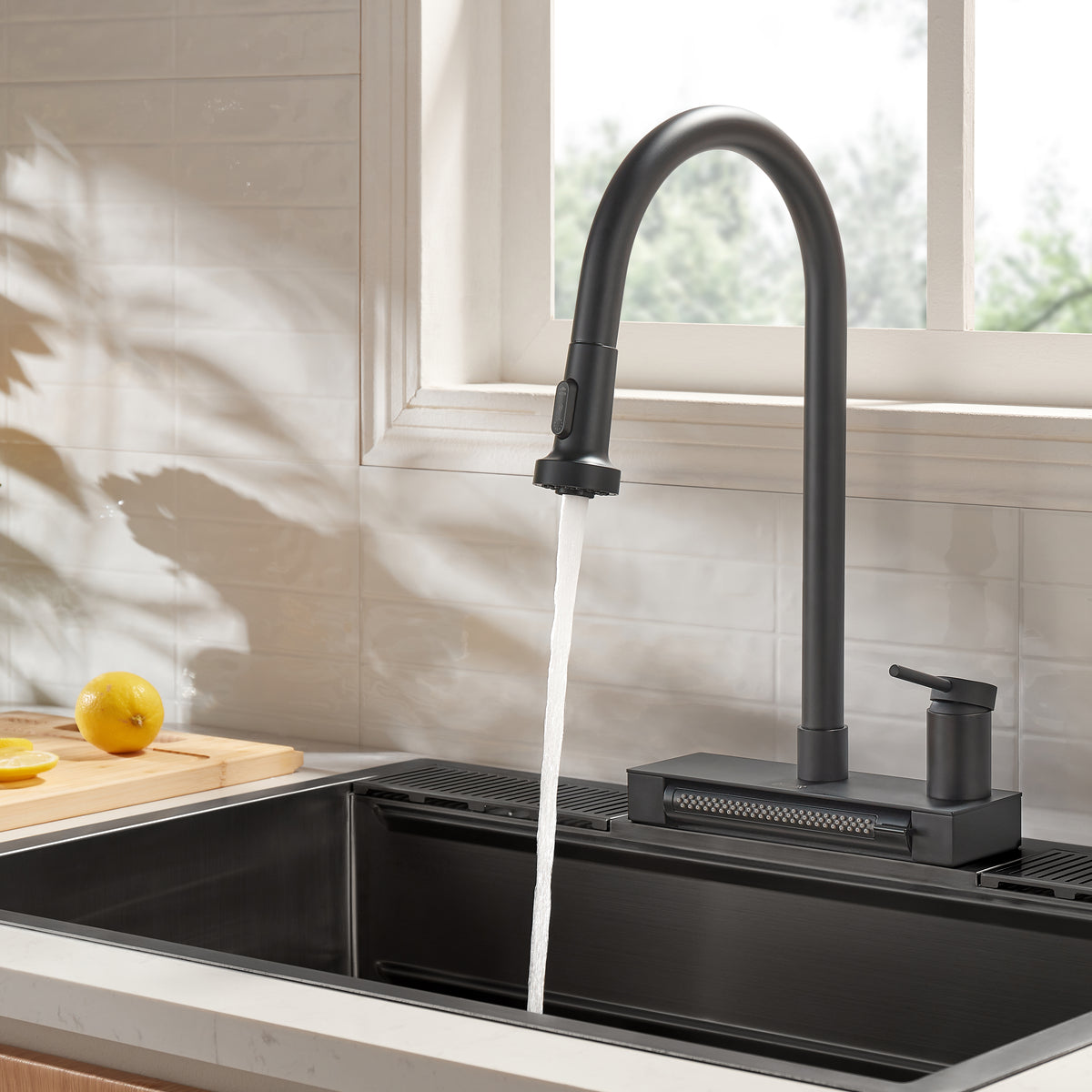Forno 4 Function Waterfall Stainless Steel Pull-Down Kitchen Faucet with Power Wash, Single Handle. Black