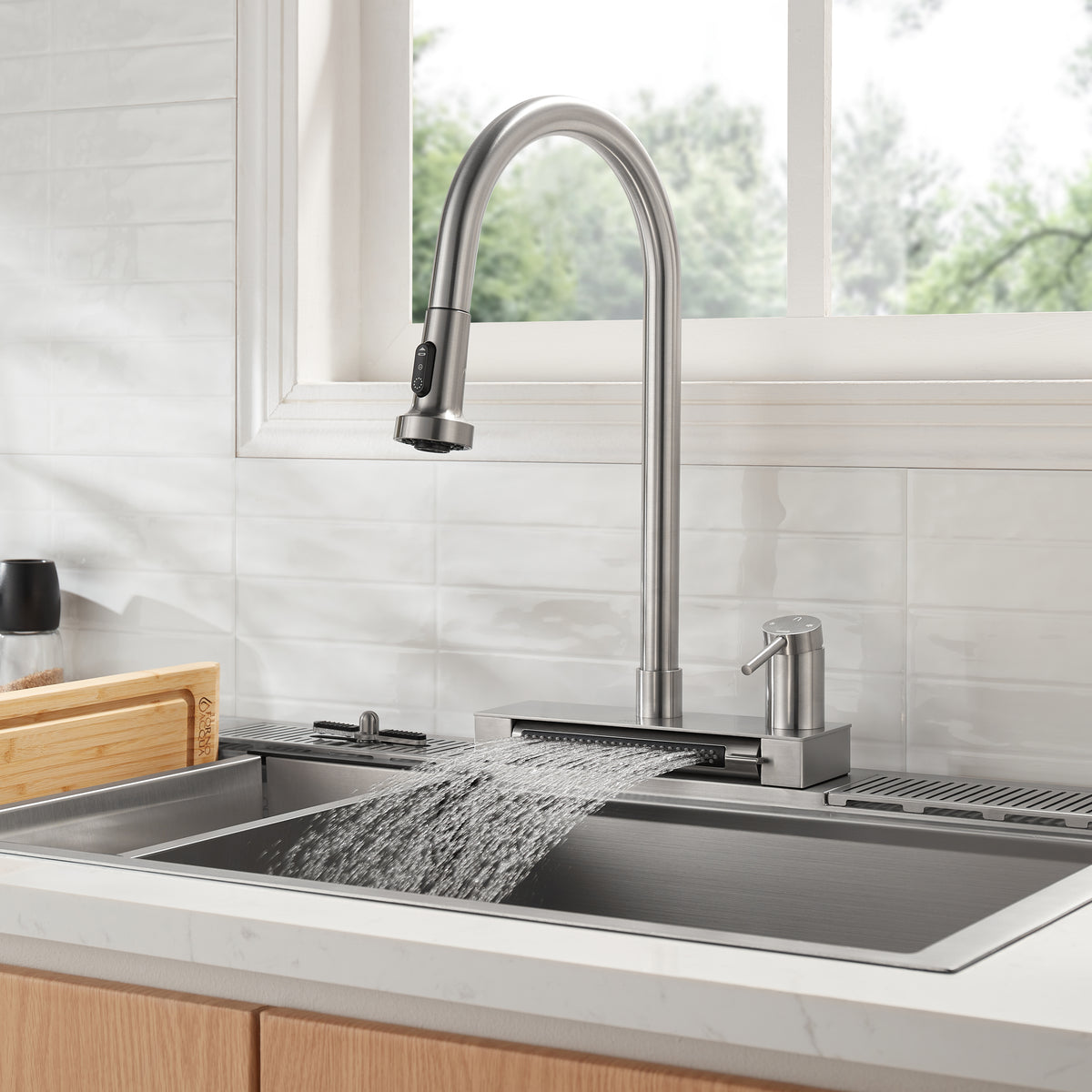 Forno 4 Function Waterfall Pull Down Kitchen Faucet with Power Wash, Stainless Steel