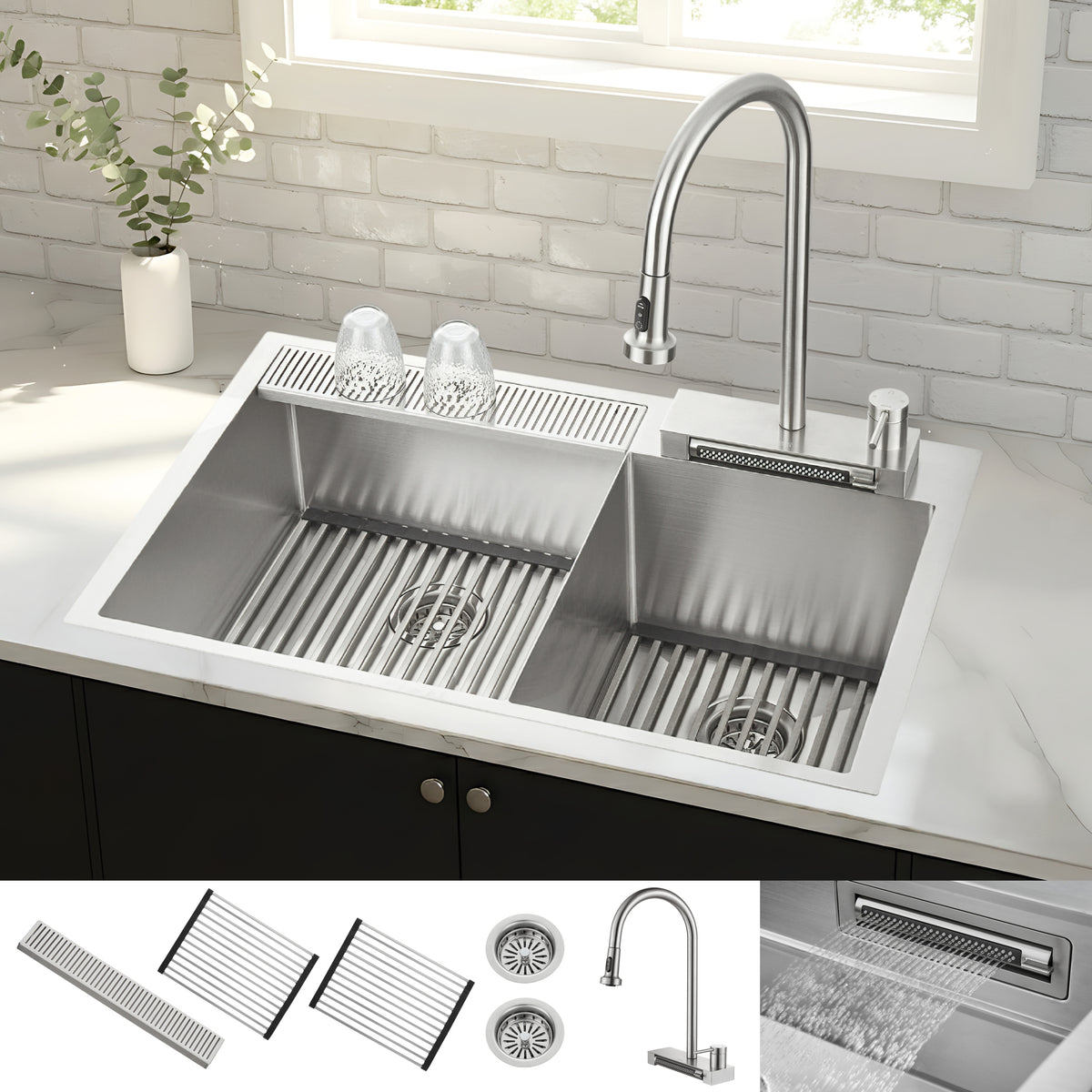 Forno ACQUA 33" X 22" Drop-in/Undermount 3-Level Offset Double Bowl Deep 10" Stainless Steel Workstation Kitchen Sink with Watefall Faucet