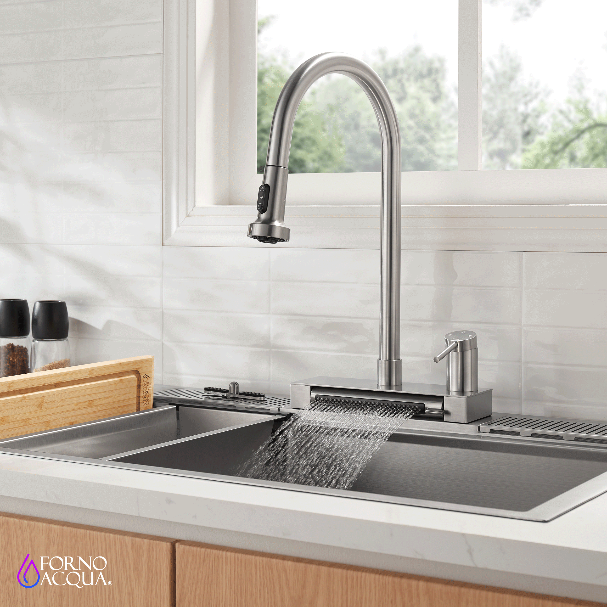 Forno 4 Function Waterfall Pull Down Kitchen Faucet with Power Wash, Stainless Steel