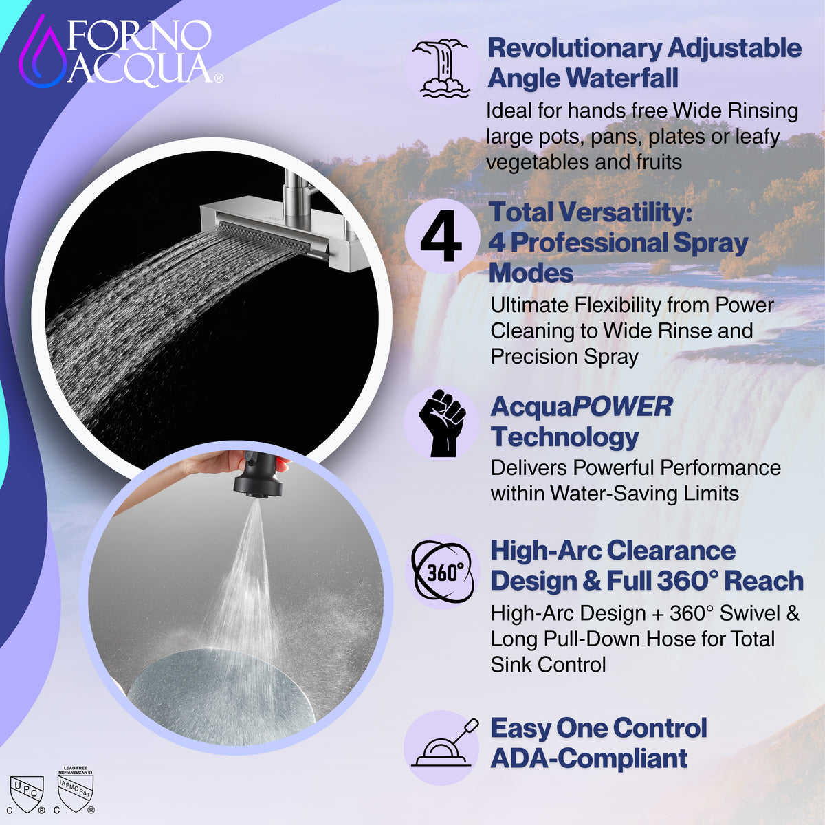 Forno 4 Function Waterfall Stainless Steel Pull-Down Kitchen Faucet with Power Wash, Single Handle. Black