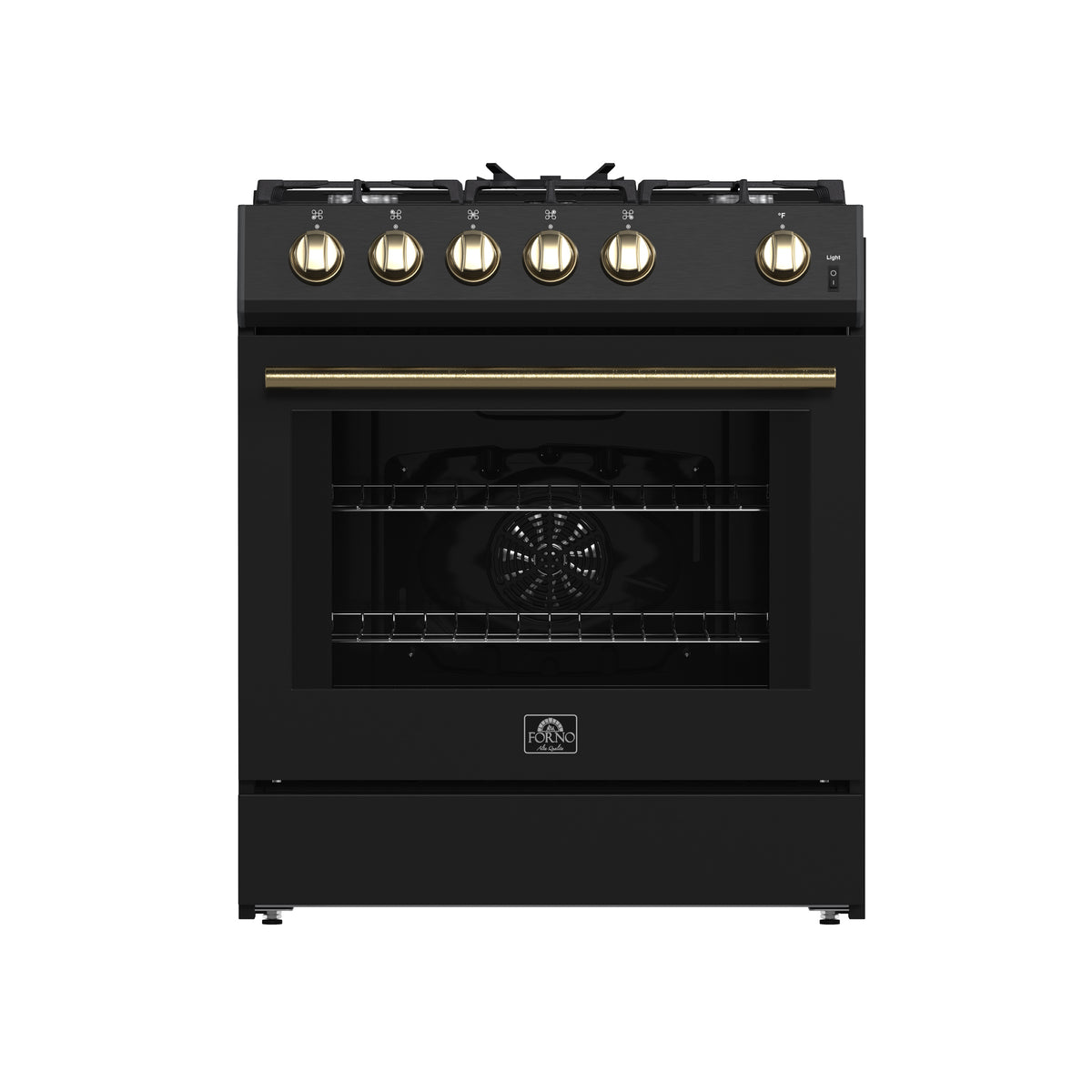 Forno Leonardo Espresso 30" Black Gas Range, 5 cu.ft. Convection Oven, 5 Sealed Burners 39 500 BTU & Wok Ring