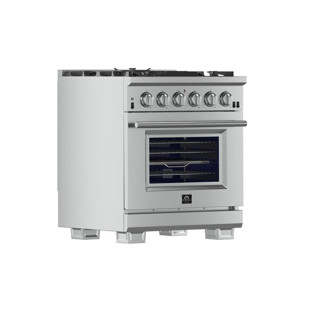 Forno Capriasca 30" Freestanding Gas Range All Stainless Steel, 5 Brass Burners 100,000 BTU, Wok Support
