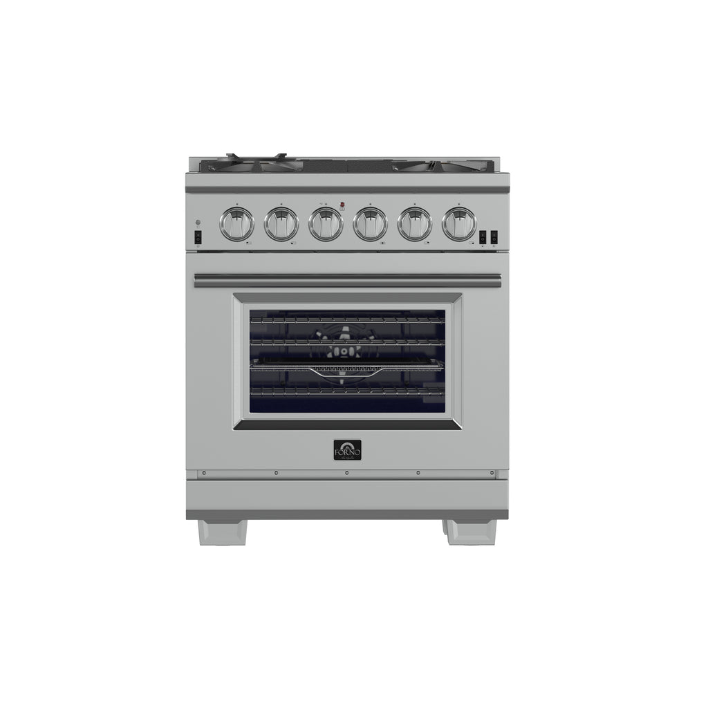 Forno Capriasca 30" Freestanding Gas Range All Stainless Steel, 5 Brass Burners 100,000 BTU, Wok Support