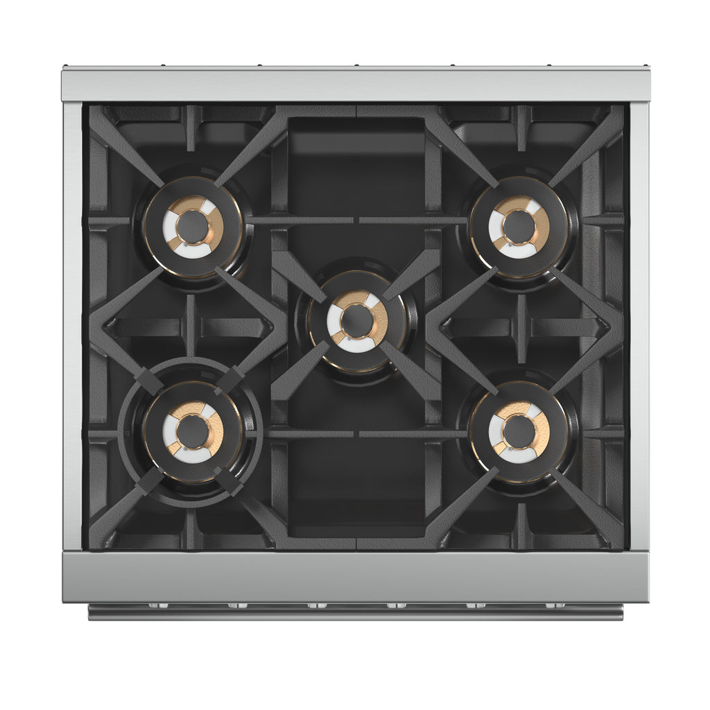 Forno Capriasca 30" Freestanding Gas Range All Stainless Steel, 5 Brass Burners 100,000 BTU, Wok Support