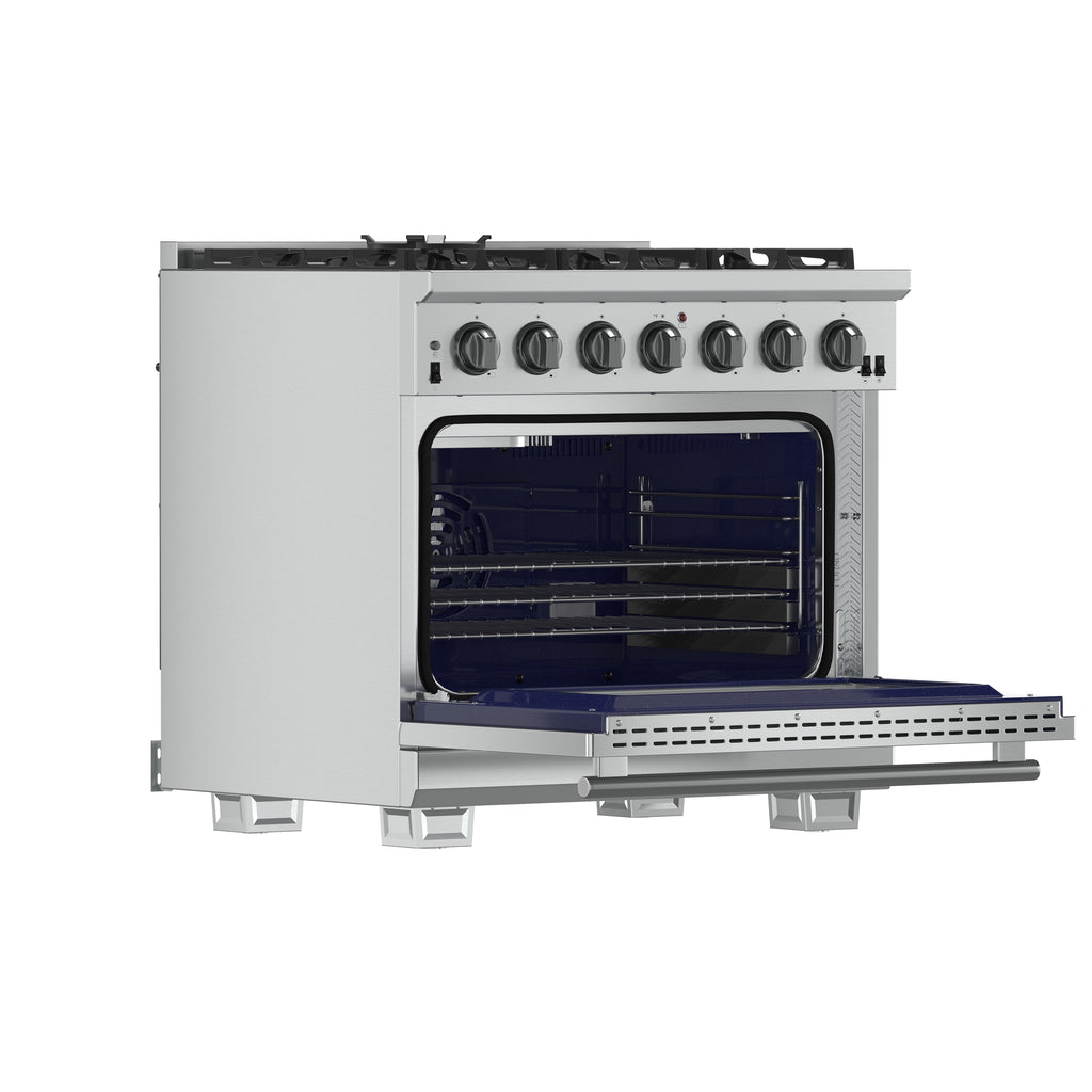 Forno Capriasca 36" Freestanding Gas Range All Stainless Steel, 6 Brass Burners 120,000 BTU, Wok Support