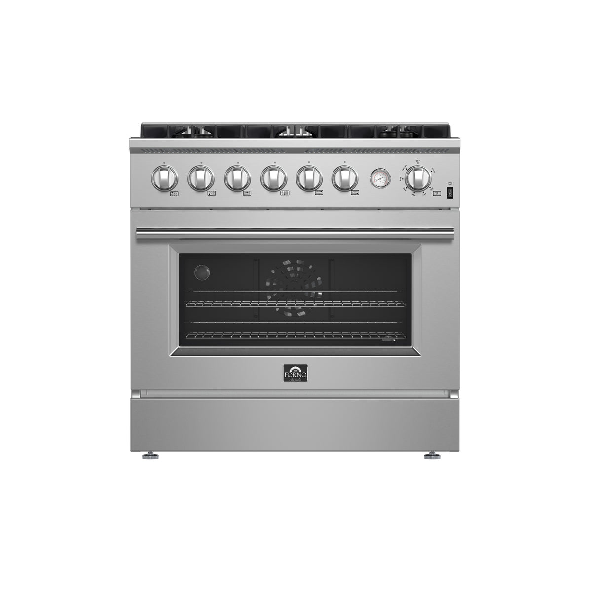 Forno Marco 36" Gas Range Stainless Steel, 6 Burners, 5.36 cu.ft. Convection Oven & Temperature Gauge