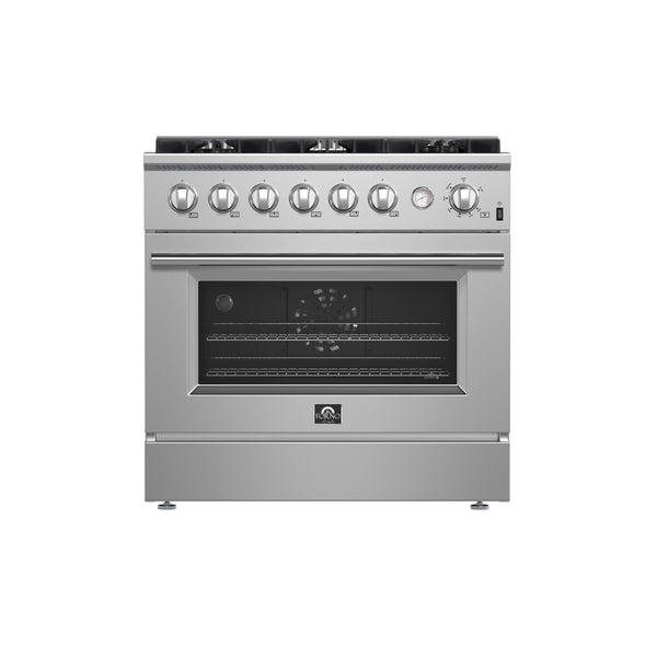 Forno Marco 36" Gas Range Stainless Steel, 6 Burners, 5.36 cu.ft. Convection Oven & Temperature Gauge