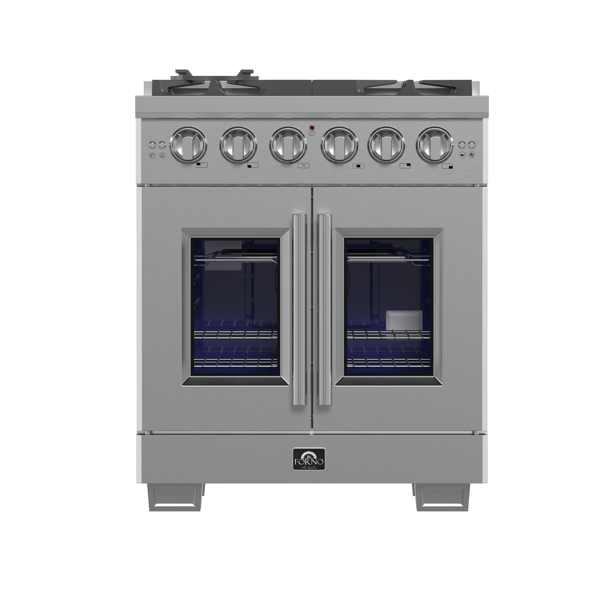 Forno Capriasca 30" French Door Gas Range All Stainless Steel, 5 Brass Burners 100,000 BTU