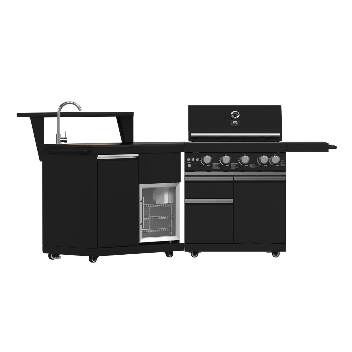 Forno All'Aperto 62,600 BTU BBQ with 3 Stainless-Steel Burners & Infrared Burners & Sink Module with Black Sintered Stone Countertops