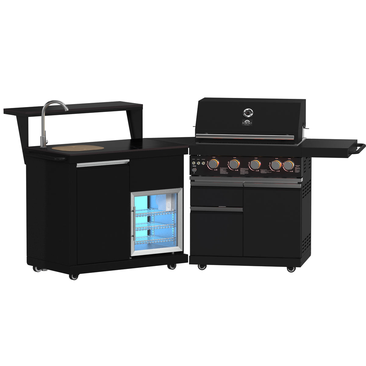 Forno All'Aperto 62,600 BTU BBQ with 3 Stainless-Steel Burners & Infrared Burners & Sink Module with Black Sintered Stone Countertops