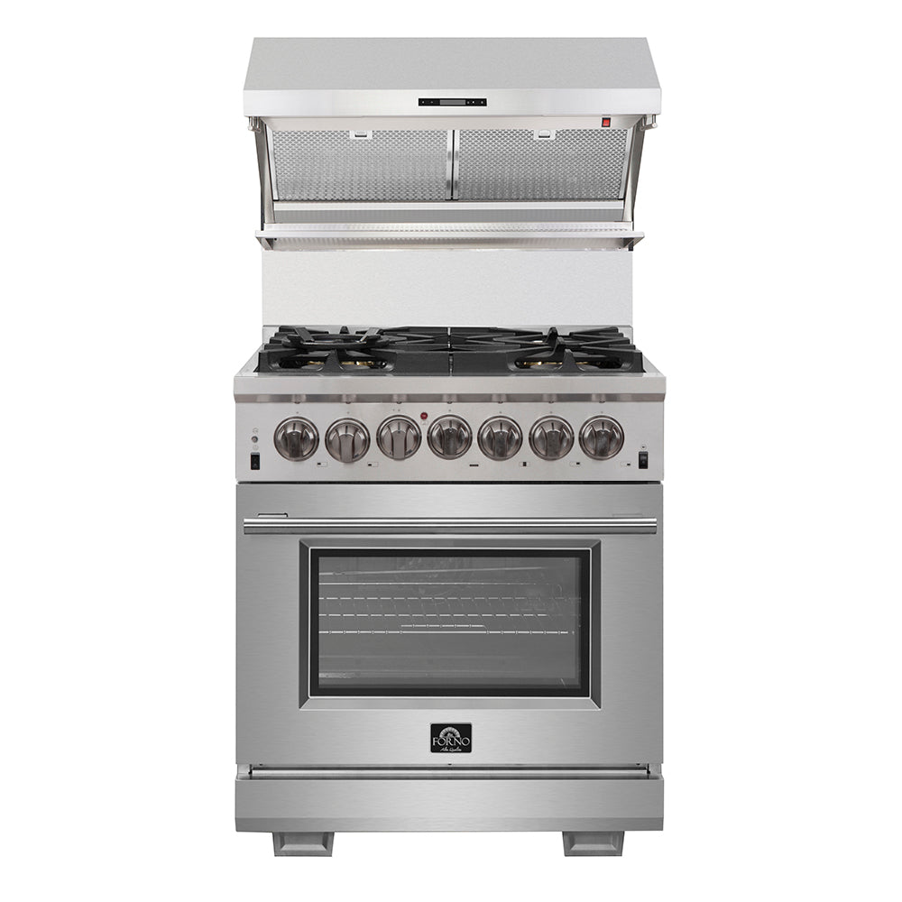 Forno Capriasca 30" Dual Fuel Range All Stainless Steel with 5 Brass Burners 100,000 BTU