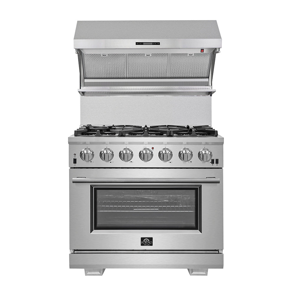 Forno Capriasca 36" Freestanding Gas Range All Stainless Steel, 6 Brass Burners 120,000 BTU, Wok Support
