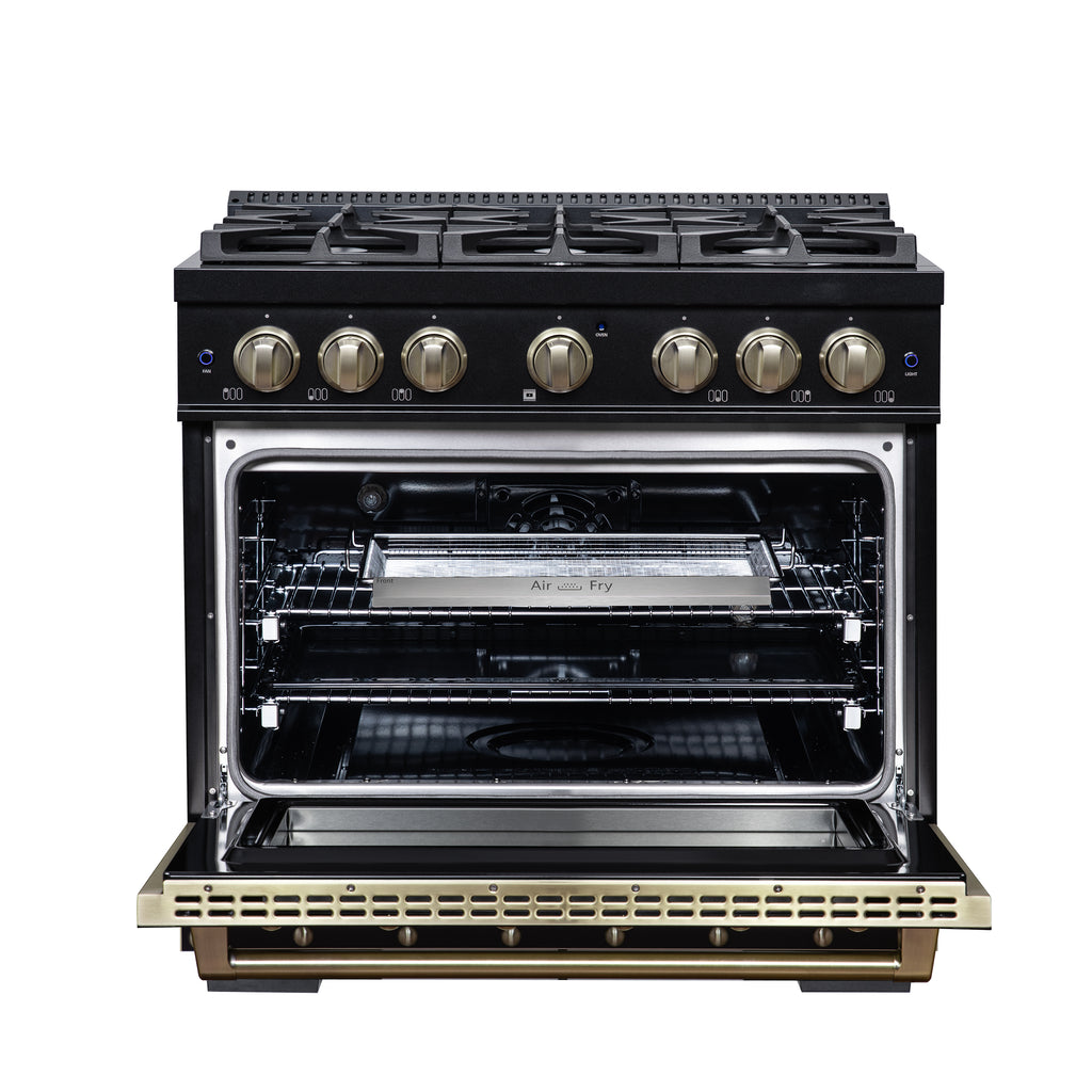 Forno Ambassador 36" Dual Fuel Range in Black, 6 Sealed Burners, 71 000 BTU Cooktop Output