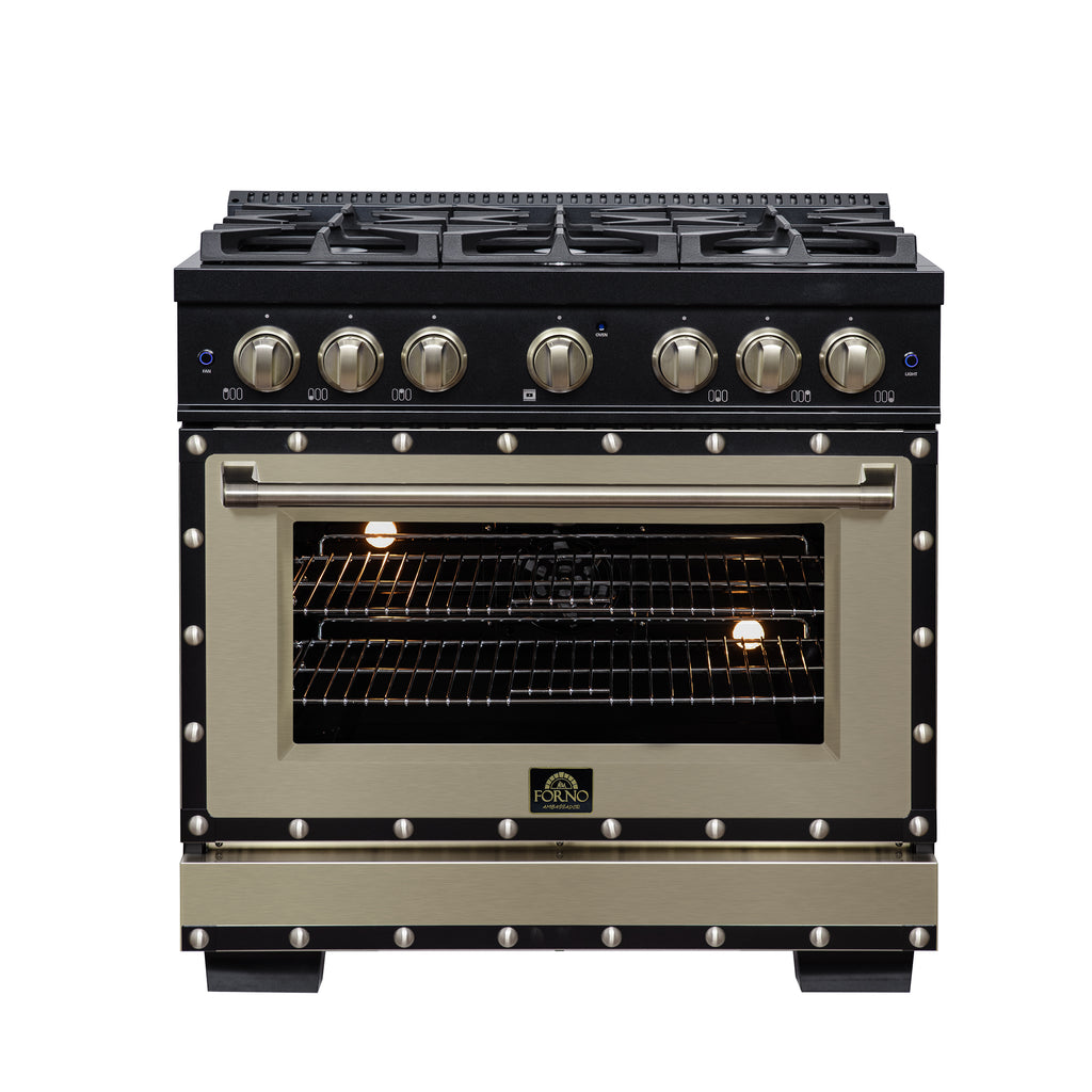 Forno Ambassador 36" Dual Fuel Range in Black, 6 Sealed Burners, 71 000 BTU Cooktop Output