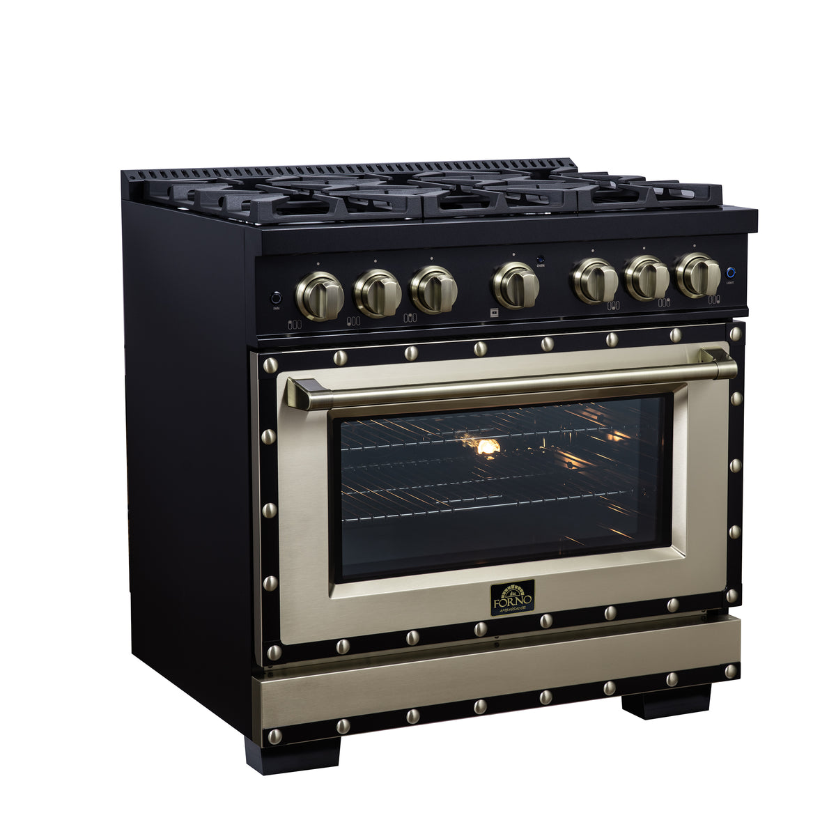 Forno Ambassador 36" Dual Fuel Range in Black, 6 Sealed Burners, 71 000 BTU Cooktop Output