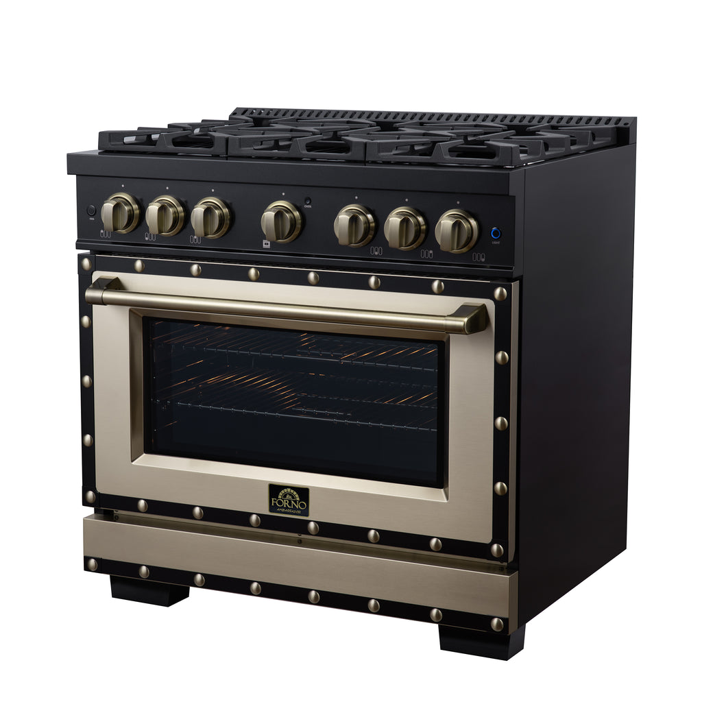 Forno Ambassador 36" Dual Fuel Range in Black, 6 Sealed Burners, 71 000 BTU Cooktop Output