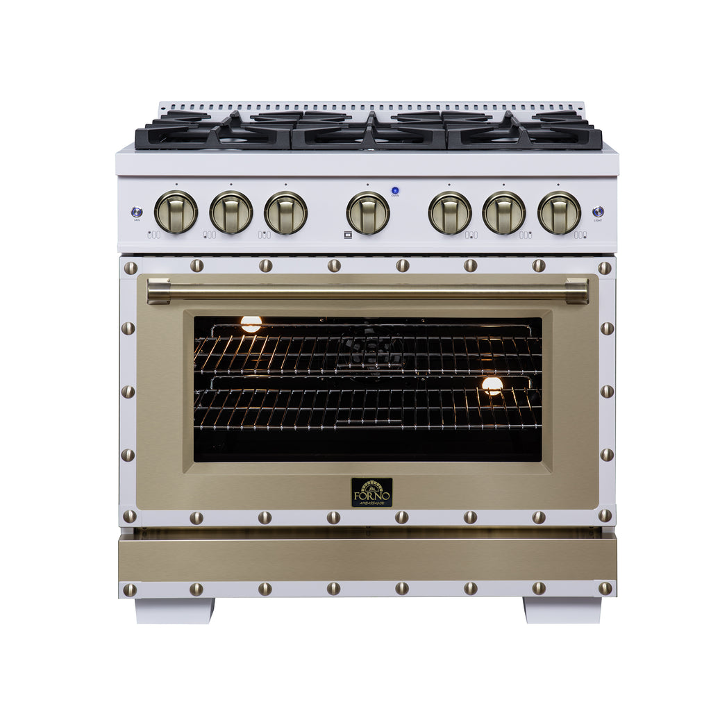 Forno Ambassador 36" Dual Fuel Range in White, 6 Sealed Burners, 71 000 BTU Cooktop Output