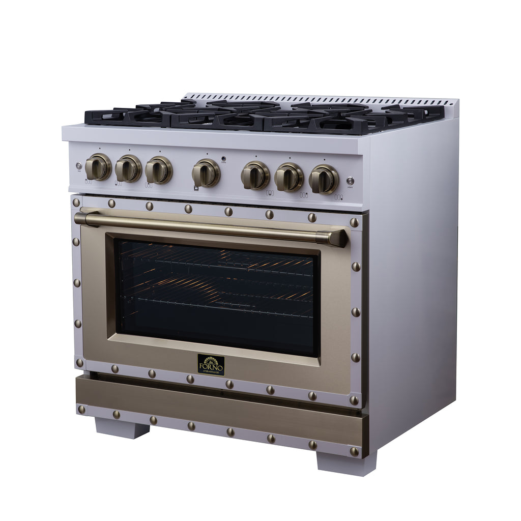 Forno Ambassador 36" Dual Fuel Range in White, 6 Sealed Burners, 71 000 BTU Cooktop Output