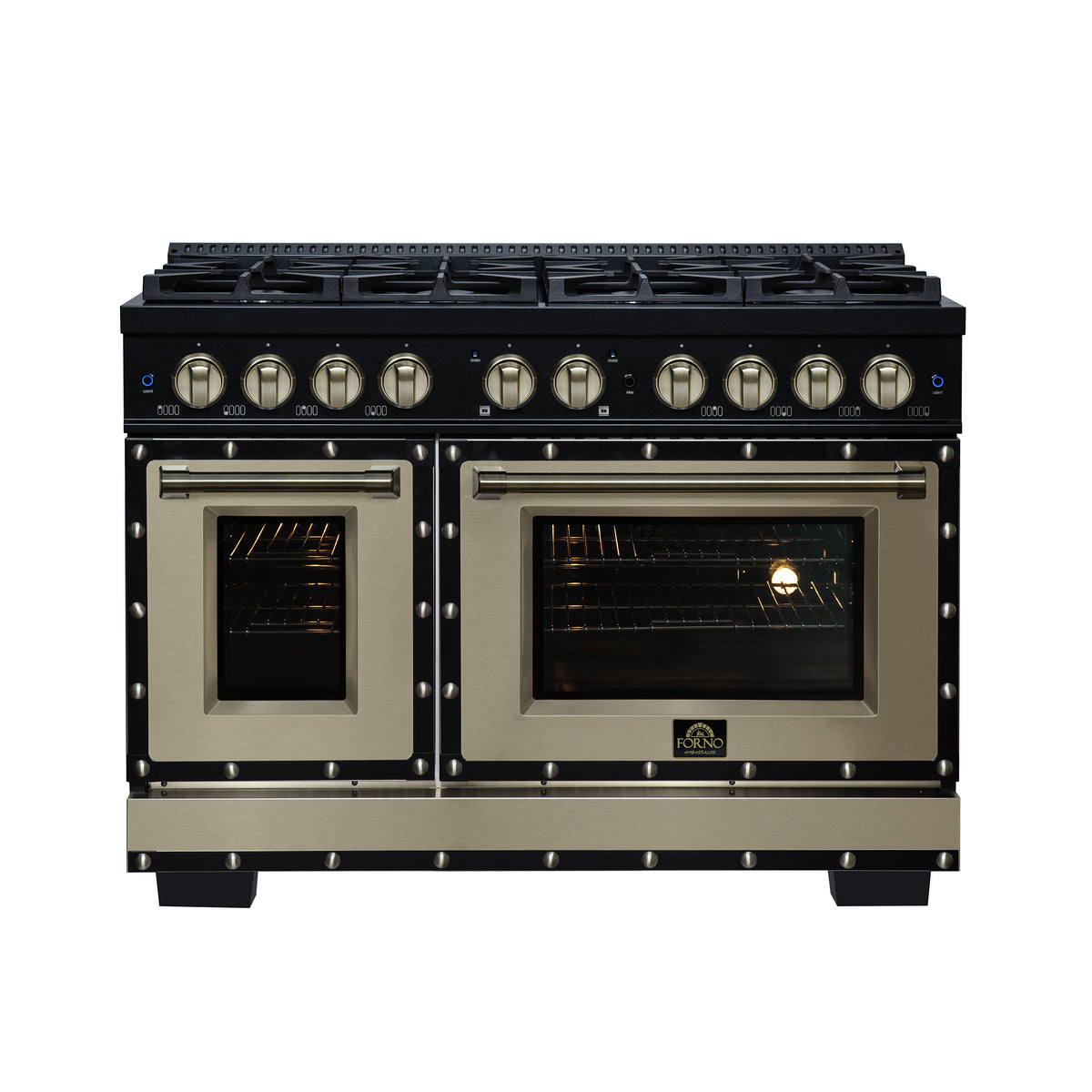 Forno Ambassador 48" Dual Fuel Range in Black, 8 Sealed Burners, 94 000 BTU Cooktop Output