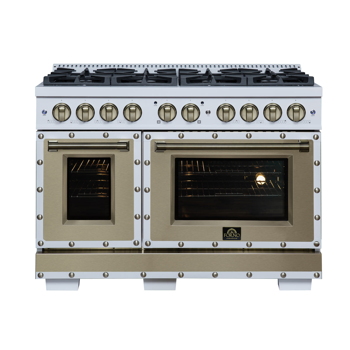 Forno Ambassador 48" Dual Fuel Range in White, 8 Sealed Burners, 94 000 BTU Cooktop Output