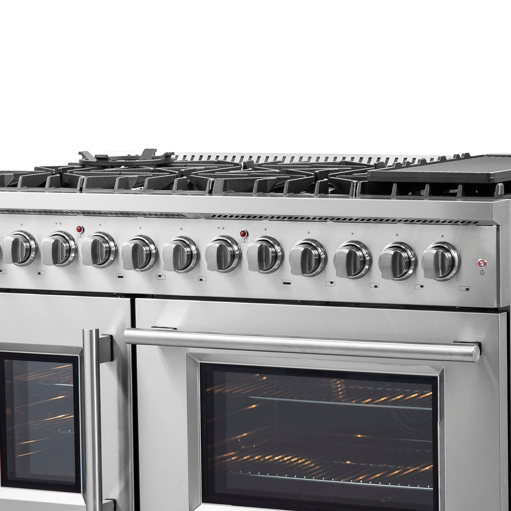 Forno Galiano 48" Dual Fuel Range All Stainless Steel, 8 Sealed Burners, 107,000 BTU, Griddle