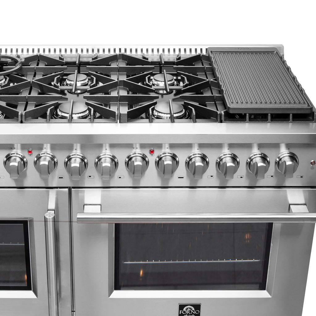 Forno Galiano 48" Dual Fuel Range All Stainless Steel, 8 Sealed Burners, 107,000 BTU, Griddle