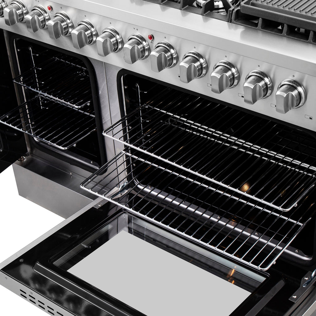 Forno Galiano 48" Dual Fuel Range All Stainless Steel, 8 Sealed Burners, 107,000 BTU, Griddle