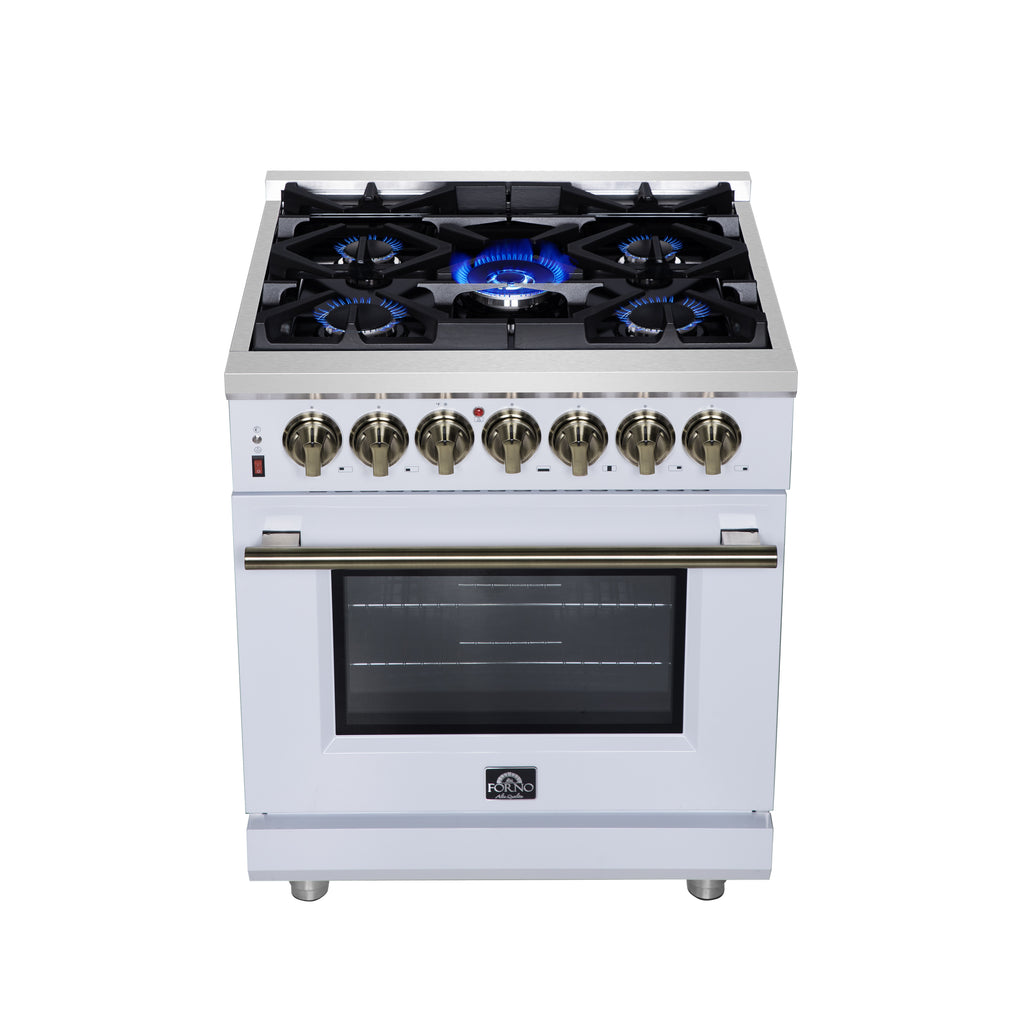 Forno Massimo 30" Dual Fuel Range in White with Air Fryer Basket, True Convection Oven, Matte Cast Iron Grates