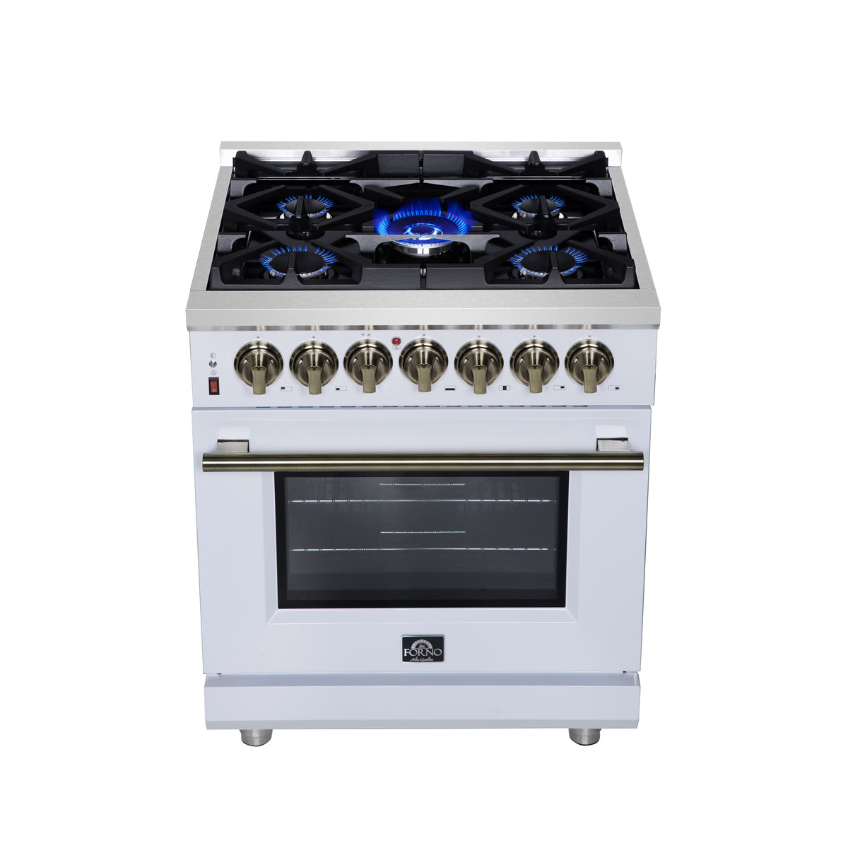 Forno Massimo 30" Dual Fuel Range in White with Air Fryer Basket, True Convection Oven, Matte Cast Iron Grates