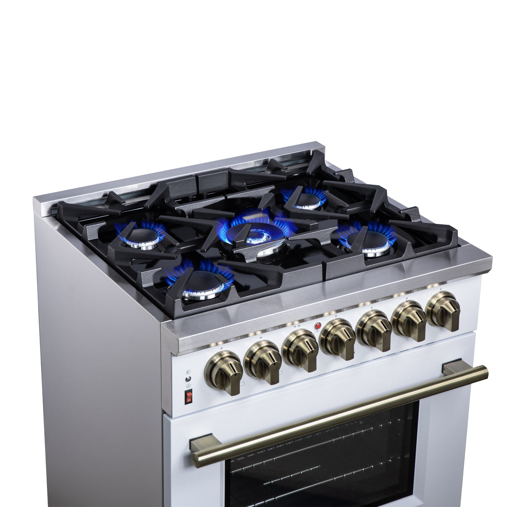 Forno Massimo 30" Dual Fuel Range in White with Air Fryer Basket, True Convection Oven, Matte Cast Iron Grates