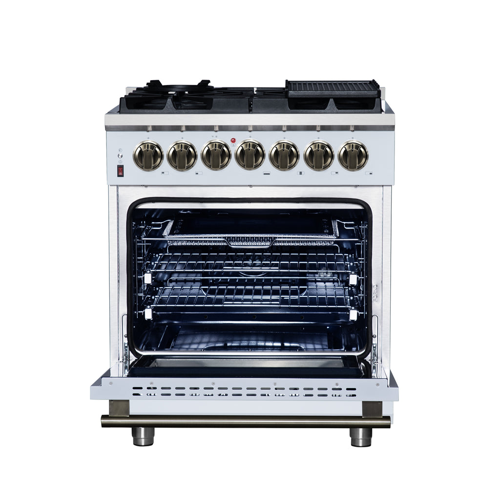 Forno Massimo 30" Dual Fuel Range in White with Air Fryer Basket, True Convection Oven, Matte Cast Iron Grates
