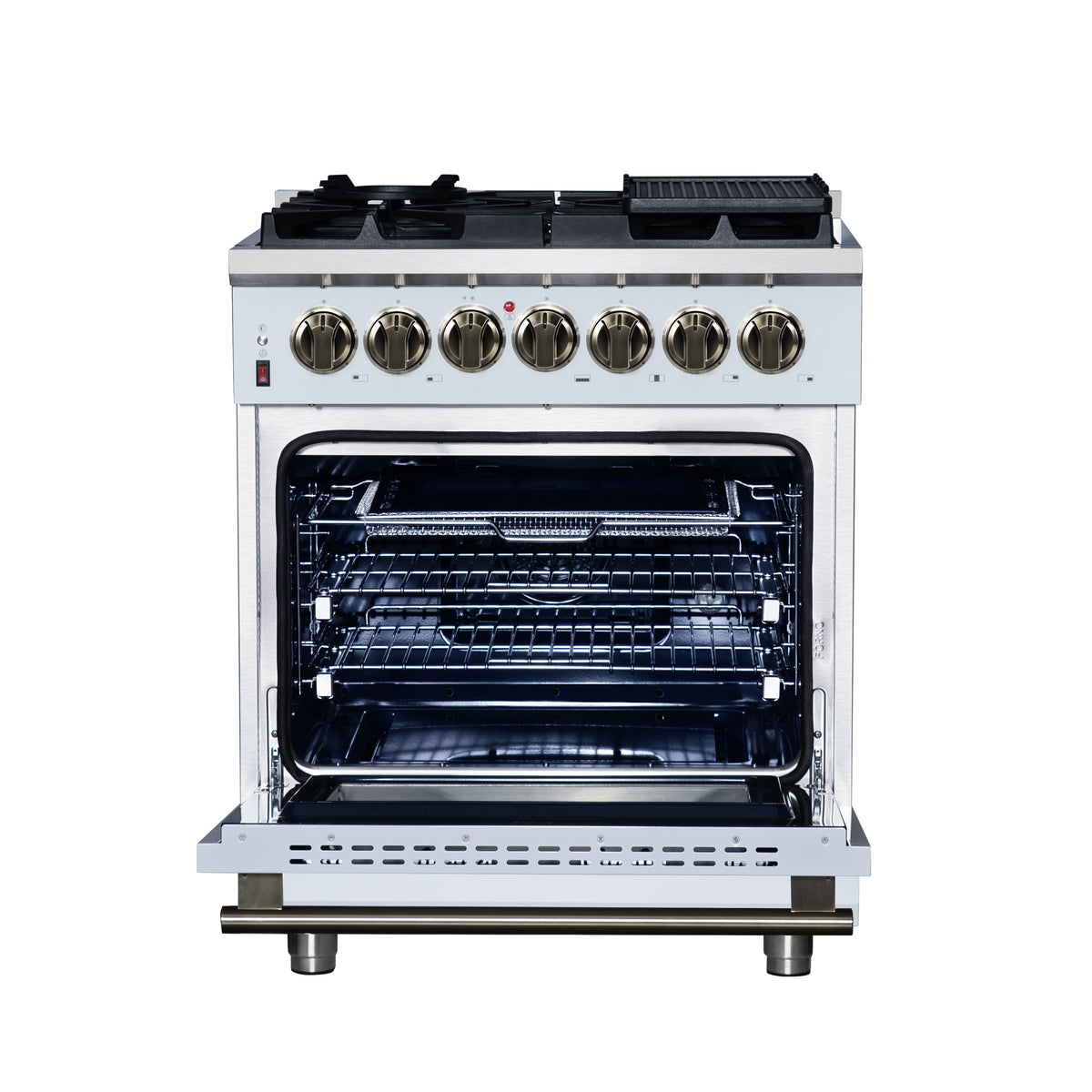Forno Massimo 30" Dual Fuel Range in White with Air Fryer Basket, True Convection Oven, Matte Cast Iron Grates