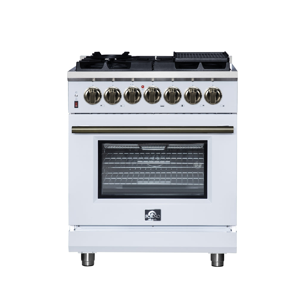 Forno Massimo 30" Dual Fuel Range in White with Air Fryer Basket, True Convection Oven, Matte Cast Iron Grates