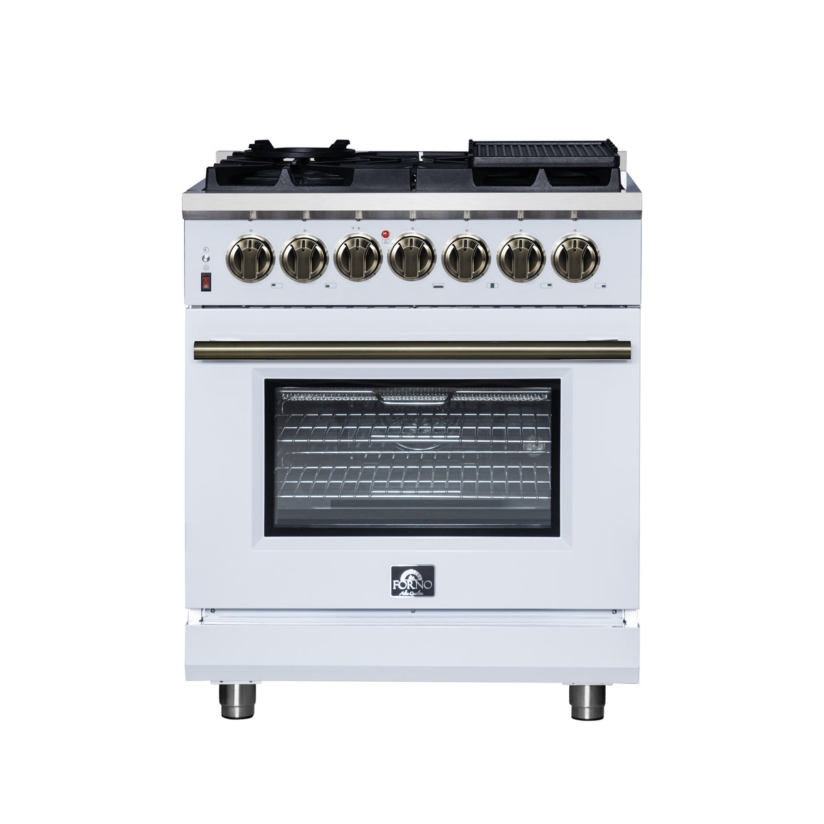 Forno Massimo 30" Dual Fuel Range in White with Air Fryer Basket, True Convection Oven, Matte Cast Iron Grates