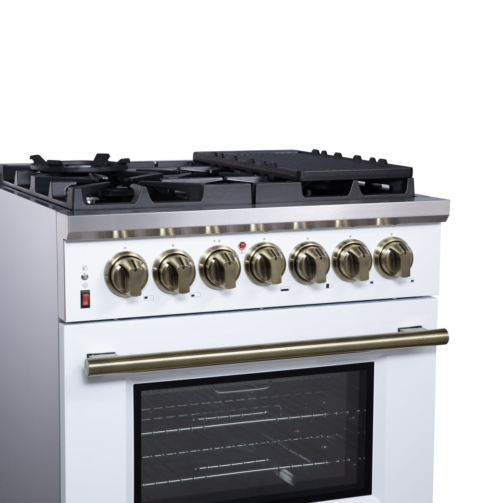 Forno Massimo 30" Dual Fuel Range in White with Air Fryer Basket, True Convection Oven, Matte Cast Iron Grates