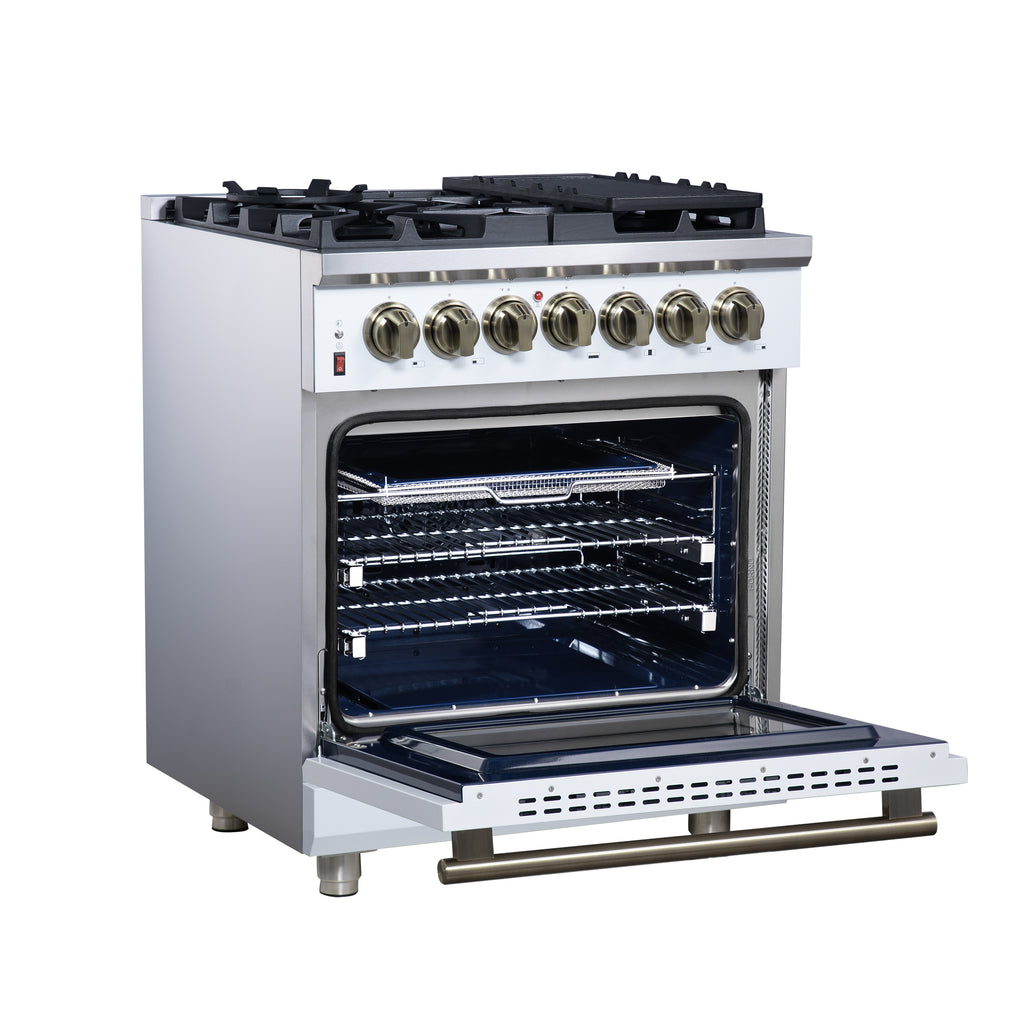 Forno Massimo 30" Dual Fuel Range in White with Air Fryer Basket, True Convection Oven, Matte Cast Iron Grates