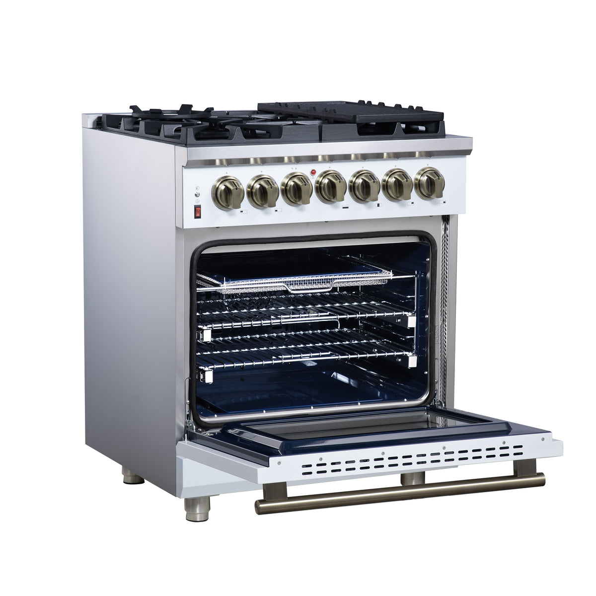 Forno Massimo 30" Dual Fuel Range in White with Air Fryer Basket, True Convection Oven, Matte Cast Iron Grates