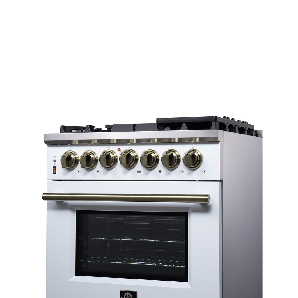 Forno Massimo 30" Dual Fuel Range in White with Air Fryer Basket, True Convection Oven, Matte Cast Iron Grates