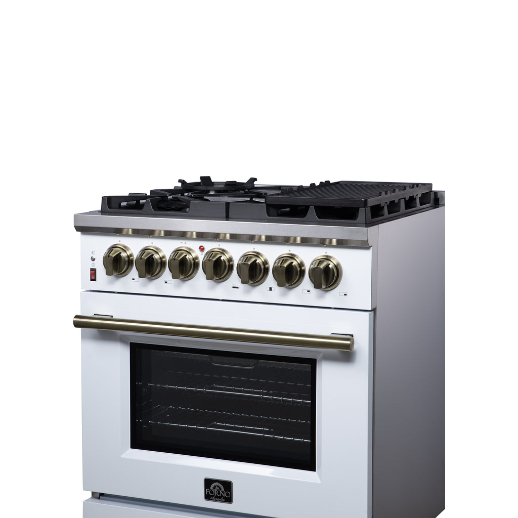 Forno Massimo 30" Dual Fuel Range in White with Air Fryer Basket, True Convection Oven, Matte Cast Iron Grates