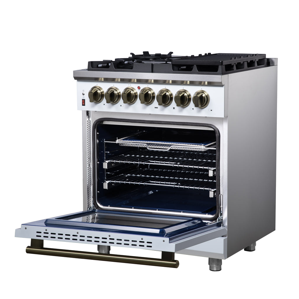 Forno Massimo 30" Dual Fuel Range in White with Air Fryer Basket, True Convection Oven, Matte Cast Iron Grates