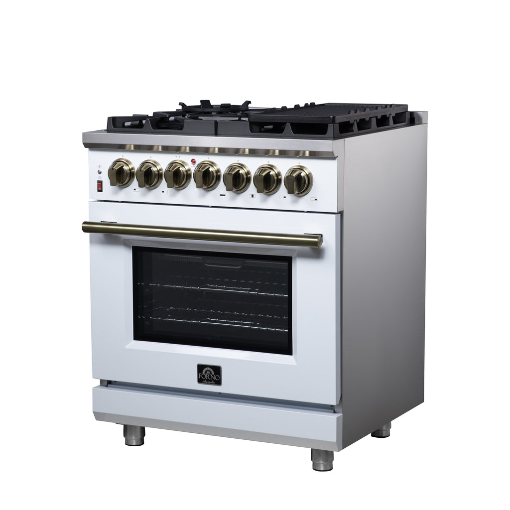 Forno Massimo 30" Dual Fuel Range in White with Air Fryer Basket, True Convection Oven, Matte Cast Iron Grates