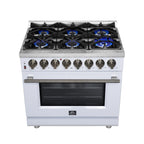 Forno Massimo 36" Dual Fuel Range in White with Air Fryer Basket, True Convection Oven, Matte Cast Iron Grates