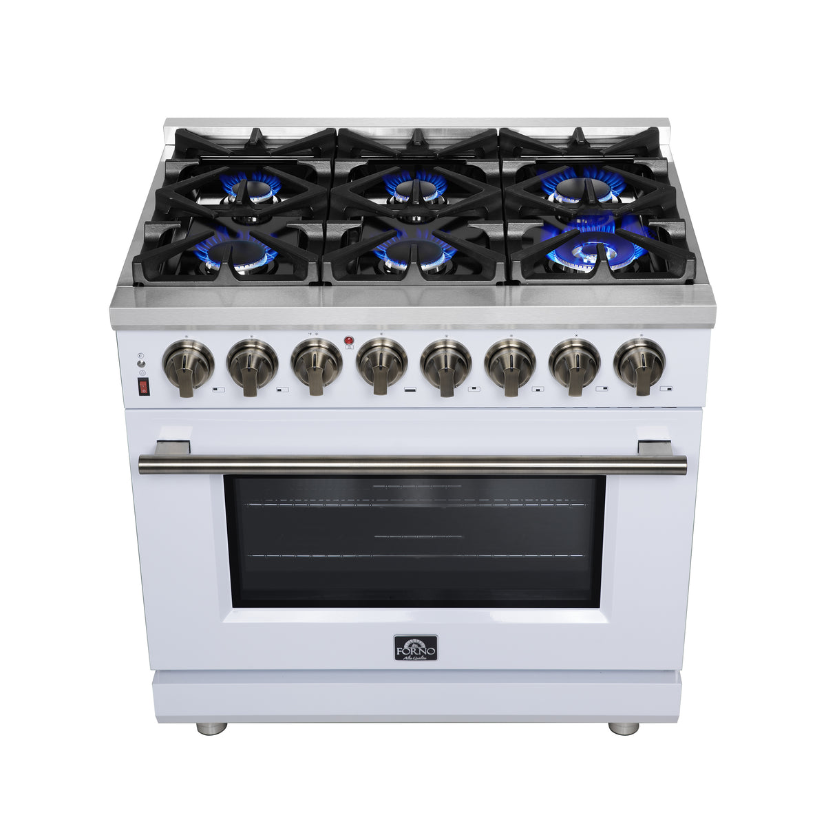 Forno Massimo 36" Dual Fuel Range in White with Air Fryer Basket, True Convection Oven, Matte Cast Iron Grates