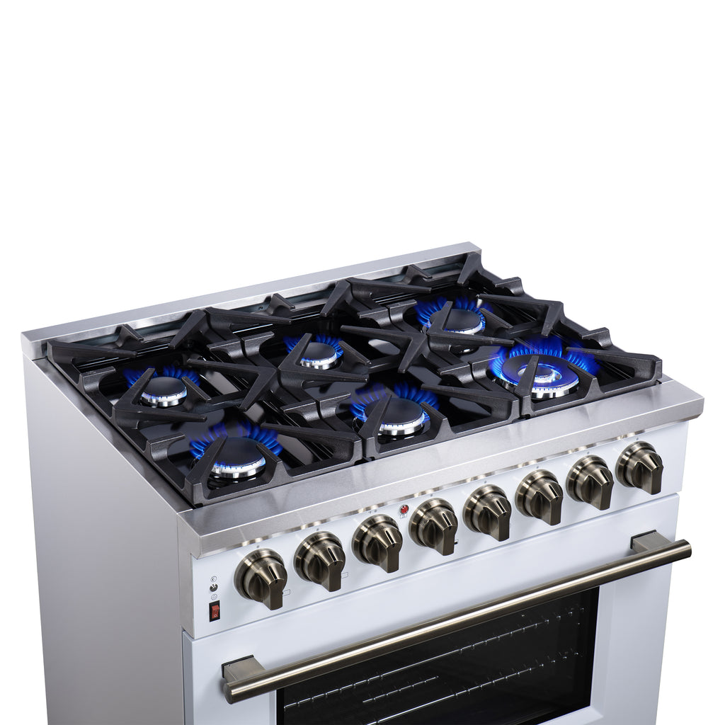 Forno Massimo 36" Dual Fuel Range in White with Air Fryer Basket, True Convection Oven, Matte Cast Iron Grates