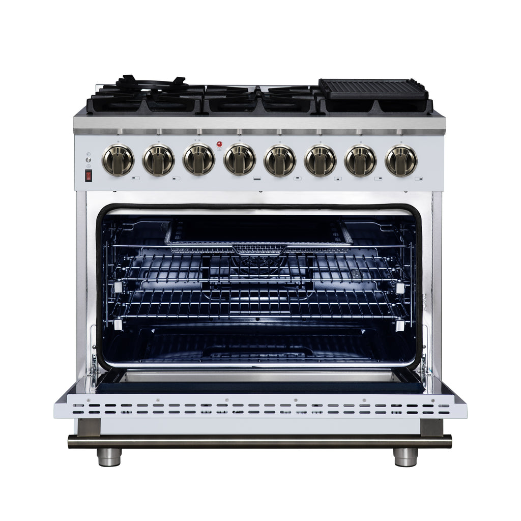 Forno Massimo 36" Dual Fuel Range in White with Air Fryer Basket, True Convection Oven, Matte Cast Iron Grates